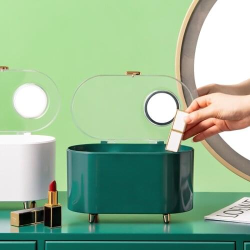 Makeup Organizer Lipstick Holder Cosmetic Storage Box Lip Gloss Display Stand Fashion Green Plastic Box with Mirror Waterproof