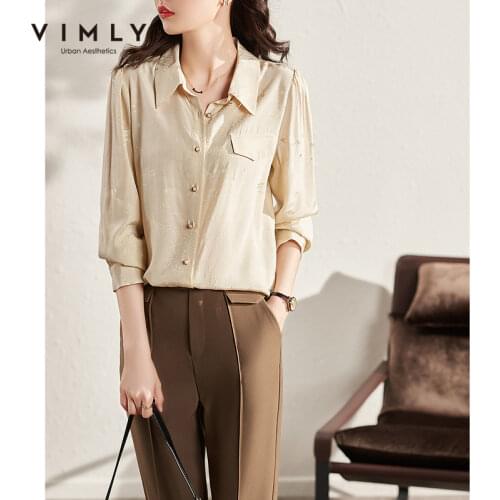 VIMLY Lone Sleeve Shirts for Women 2021 Autumn New Office Lady Soild Simply Blouse Button Up Vintage Elegant Female Shirts F8805
