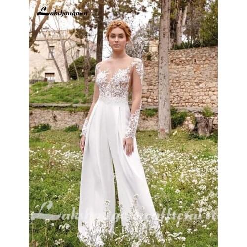 Country Jumpsuits 2020 Wedding Dresses High Neck long Sleeve Lace Appliqued Beach Boho Bridal Gowns Vestido De Novia