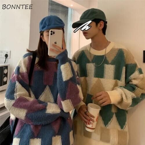 Sweaters Women Loose Comfortable O-Neck Patchwork Leisure All-match Couple Pullovers Fashion Popular Winter Thicker Warm Ulzzang