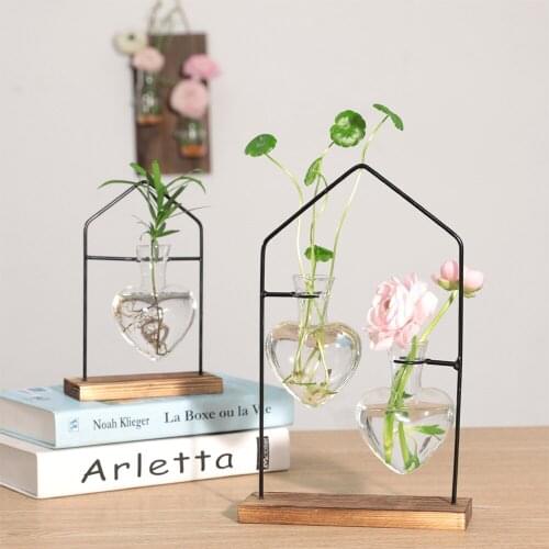 Heart Vases Hydroponic Plant Terrarium Vintage Flower Pot Transparent Vase Wooden Frame Glass Tabletop Plants Home Bonsai Decor