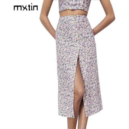 2021 Women Sprint Vintage Floral Print Midi Skirt Button Split Streetwear Ladies Skirts Casual Sexy Faldas Vestidos Mujer
