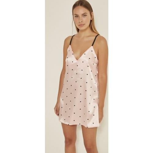 Women Arles Heart Patterned Satin Nightgown Pink/Black