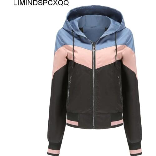 Womens Thin Hooded Jackets 2021 Color Matching Spring Plus Size Coats Clothes Fashion Short Tops Slim Long Sleeve Zipper Female