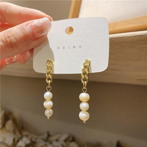 Japan Korean Elegant Freshwater Pearl Drop Earrings For Women Fashion Gold Plated Metal Chain Pendientes Oorbellen Jewelry
