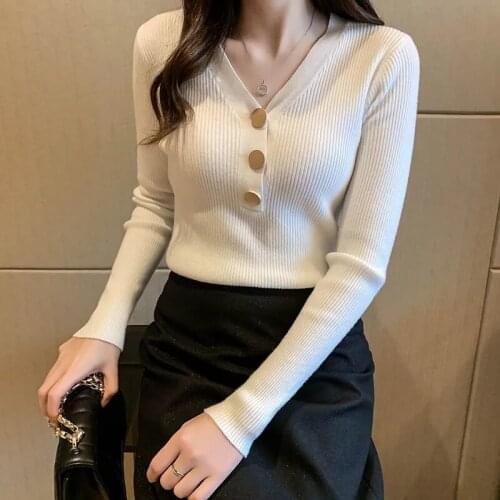 Women V-neck Knit Three Button Sweater Autumn Winter New Solid Long Sleeve Korean Black Thin Top Pullover Ribbed Elegant Casual
