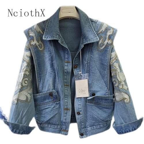 Women Long Sleeve Blue Denim Jacket Early Spring New Rhinestone Embroidery Lapel Single-breasted Short Coat 2021 Autumn New