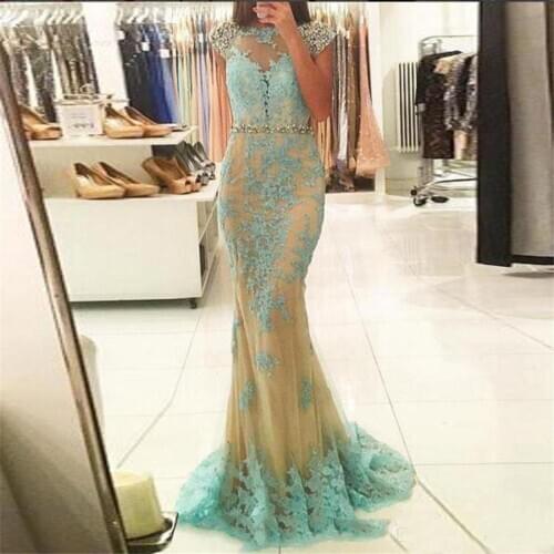 Scoop Neck Applique Blue Long Prom Dresses Open Back Evening Dress Crystal Vestido Longo Mermaid Party Gowns Robe De Soiree