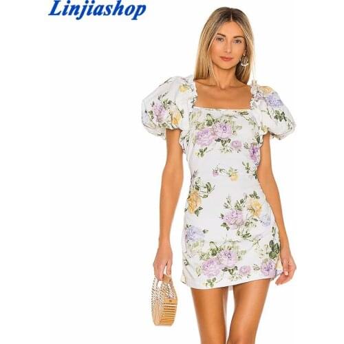 Chic Lady Vintage Square Collar Short Puff Sleeve Summer Mini Dresses Women Elegant Flower Print High Waist mini Dress
