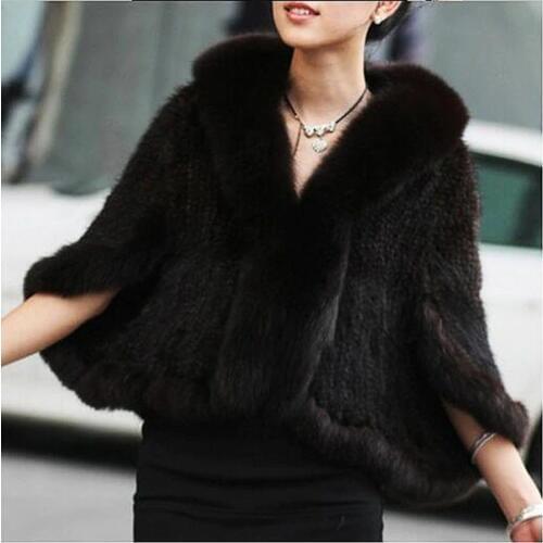 ZY87004 Winter Womens Genuine Knitted Mink Fur Shawls With Fox Fur Collar Capes Bat Sleeve Bridal Wraps Outerwear Coats