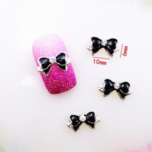 10pcs/bag Japan New 3D Nail Art Deco Metal Nail Sticker Black Ribbon with Clear Crystal DIY Charm Nail Tools
