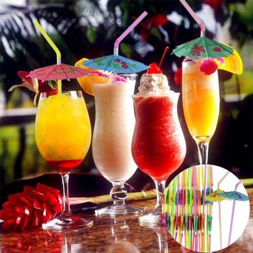 25/50/100pcs Mixed Paper Straws Multicolor Plastic Straws with Cute Paper Umbrella Hawaiian Party Supplies Cocktail Drink Straws