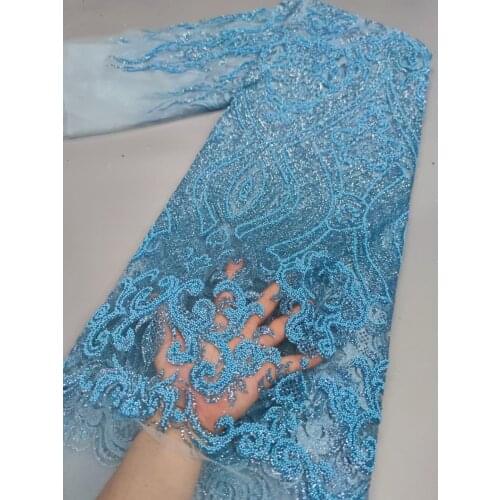 5yards/pc) Green African French net lace beaded glittering glued tulle lace fabric newest for attractive party dress FXZ005