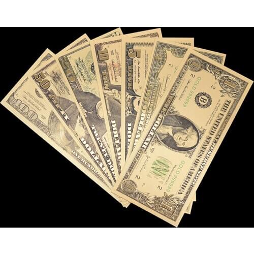 7pcs/lot US Gold Foil Banknote America Fake Banknotes All Dollar Banknotes Paper Money Collection for Home Decoration Gift