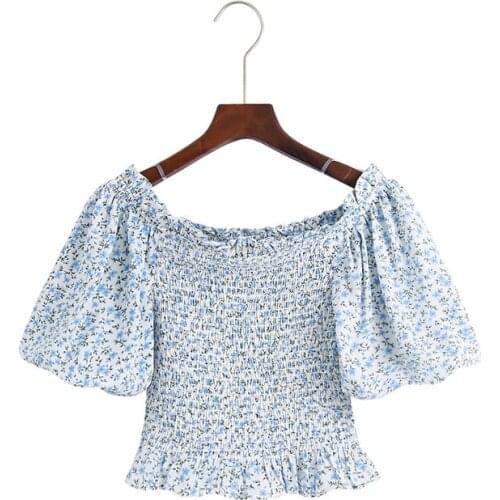 French Style Retro Square Collar Fold Floral Bubble Sleeve Chiffon Blouse Han Summer Slim Slim Word Shoulder