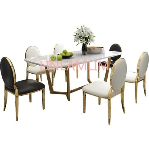 Designer unique new stainless steel golden dining room set with marble table and 6 leather chairs mesa de jantar muebles comedor