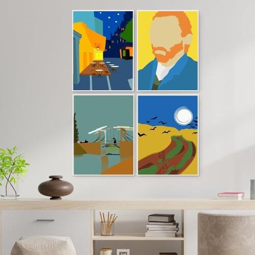 Famous Van Gogh Cafe Terrace At Night Cartoon Oil Painting on Canvas Posters and Prints Wall Art Picture for Living Room Decor