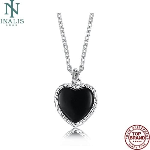 INALIS 925 Sterling Silver Necklace For Women Elegant Black Heart Pendant Necklaces Unique Twisted Rope Design Fine Jewelry