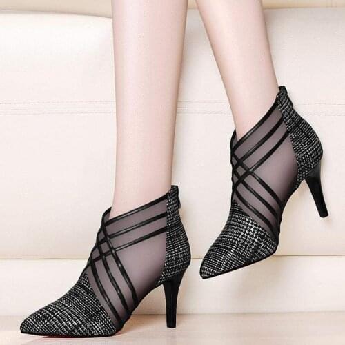 2010Fashion Mesh & Lace Crossed Stripe Women Ladies Casual Pointed Toe High Stilettos Heels Pumps Feminine Mujer Sandals Shoes