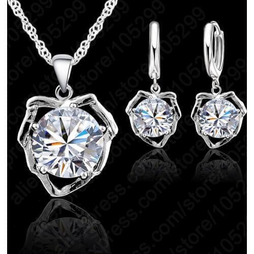 Factory Price 925 Sterling Silver Necklace Earrings Set With Round Cubic Zirconia For Women Female Party Jewelry Set