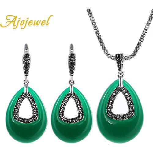 Ajojewel Green Black Water Drop Jewelry Sets Antique Earrings And Necklace Set Evening Dress Accessories High Quality