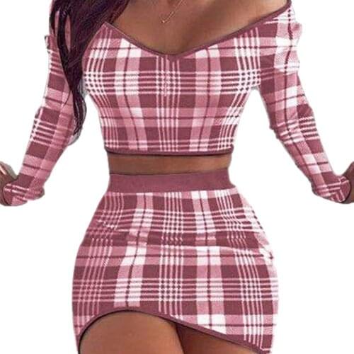 50% Hot Sales Women Sexy Plaid Long Sleeve Off Shoulder Blouse Top Mini Bodycon Skirt Outfits