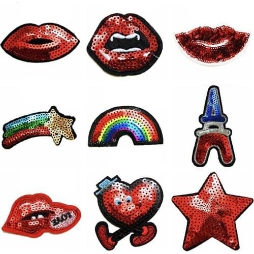 Cartoon Rainbow Lips Iron On Patches For Clothing Embroidery Sequins Stripe On Clothes Cute DIY Sequin Applique Badges