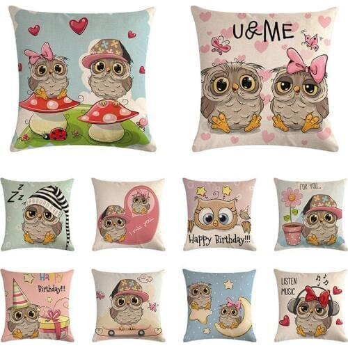 Owl Cushion Cover Cute For Children Case Pillow Decorative For Sofa Car 45*45 Decor Cotton Linen Pillowcover Decoration ZY1239