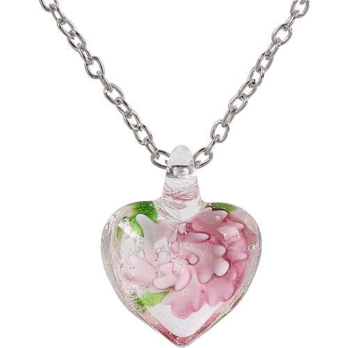 Charm Heart Shape Art Murano Lampwork Glass Pendant Necklace with Pink Flowers Inside for Women Girls Summer Jewelry Gifts