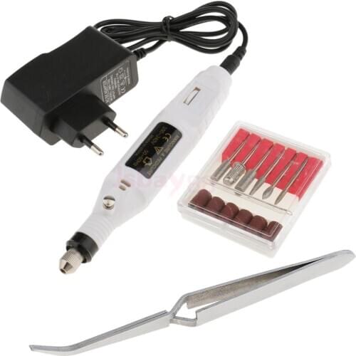 Portable Travel Electric File Nail Drill Nail Art Machine EU Plug with Angle Tipped C Curve Nail Pincher Tweezer