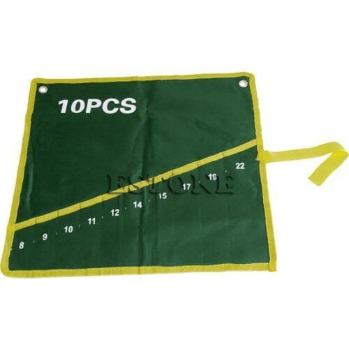 10 Pockets Durable Canvas Spanner Wrench Tool Roll Up Storage Bag