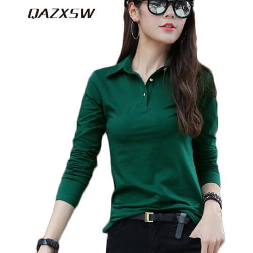 QAZXSW 2018 New Spring Women Shirt Plus Size Teenager Girl Pullover Solid Slim Long Sleeve Turn Down Collar Ladies Shirts HB564