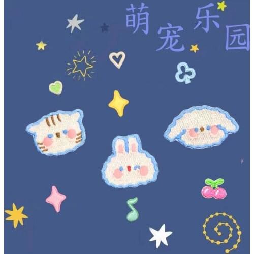 Self-adhesive Cute White Dog Cat Rabbit Peach Embroidery Iron on Patches for Clothing Kids Shoes Clothes Sticker Applique Stripe