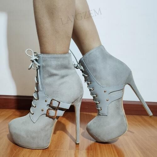 SEIIHEM Grey Women Ankle Platform Boots Patchwork Short Booties High Heels Bottines Ladies Shoes Woman Large Size 42 44 50 52