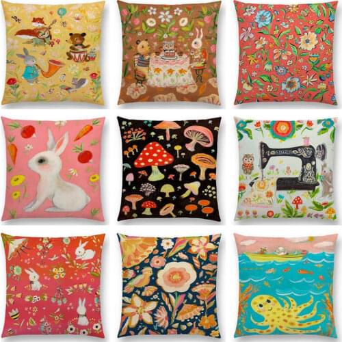 Super Cute Cartoon Little Animals Oil Painting Flowers Leaf Rabbit Cushion Cover