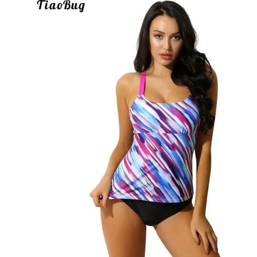 TiaoBug Summer Women 2Pcs Striped Sling Bikini Swimwear Bathing Suit Meteor Tankini Set Basic Sleeveless Racerback Top Bottoms