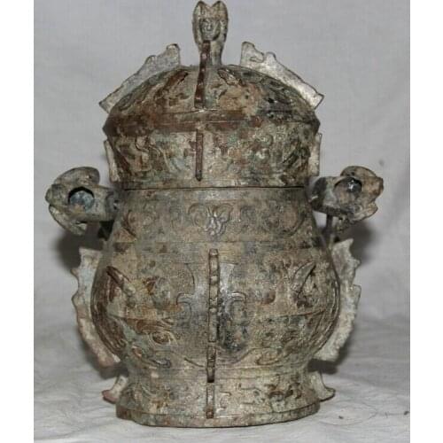 USPS to USA S1889 12" Archaic Chinese Dynasty Bronze portable Wine Food Vessel Pot Jar Zun Ding