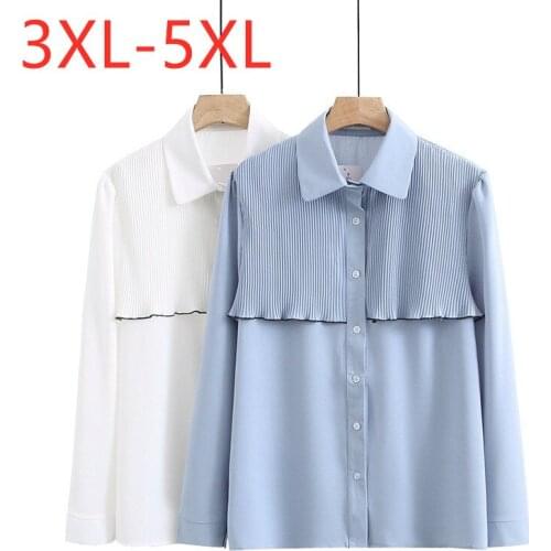 New 2021 Ladies Spring Autumn Plus Size Top For Women Large Long Sleeve Loose Casual Blue Fold Button Cotton Shirt 3XL 4XL 5XL