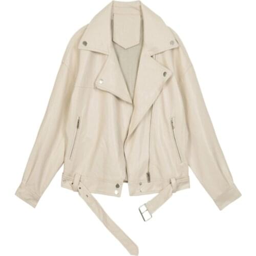 2021 New Spring And Autumn Womens Pu Leather Motorcycle Jacket Womens Belt Belt Solid Color Jacket Ladies Loose Casual Jacket