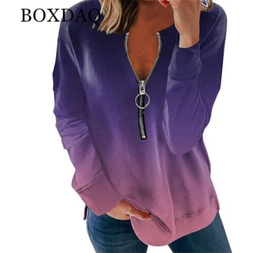 Women Clothes Autumn Gradient Print T Shirt Female Long Sleeve V-Neck Zipper Loose Shirts Femme Pullover Tops Casual Streetwear