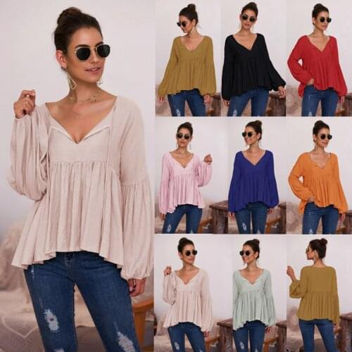 S/M/L/XL Fashion Womens Tops Puff Long Sleeves V-Neck T-Shirt Loose Ruffle Solid Tees Pullover Ladies Spring Casual Streetwear