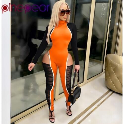 PinePear 2021 Winter Ruched Mesh Patchwork Ladies Jumpsuits Long Sleeve Bodycon Rompers for Women Night Sport Sexy Club Outfits