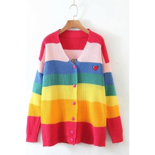 Rainbow striped sweater womens college style loose knitted cardigans v neck long sleeve winter coat