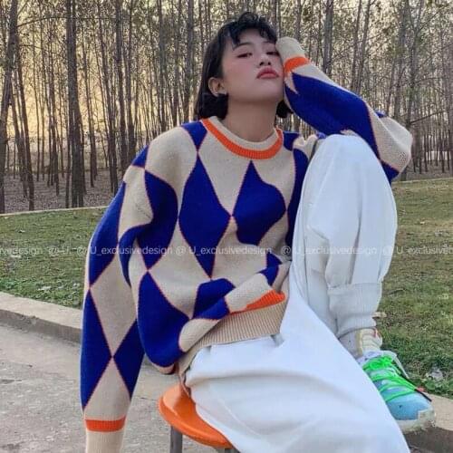 Korean Vintage Argyle Plaid Sweater Women O-Neck Long Sleeve Casual Loose Lazy Pullovers Knitted Streetwear Autumn Jumpers Z811