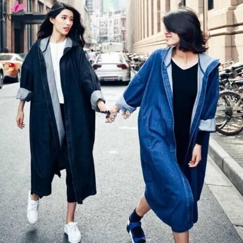 2019 Spring Autumn Women Casual Coat Fashion Female Pockets Coat Large Size Long Jean Womens Outerwear Denim Overcoat Trench