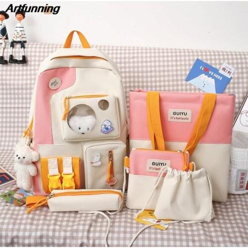 Artfunning Korean Cute school Backpack for teenagers girls Boys Childrens Orthopedic backpacks kids schoolbags mochilas 5 set