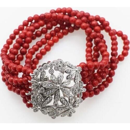 6rows red coral round 4mm bracelet 8inch wholesale beads FPPJ amazing gift