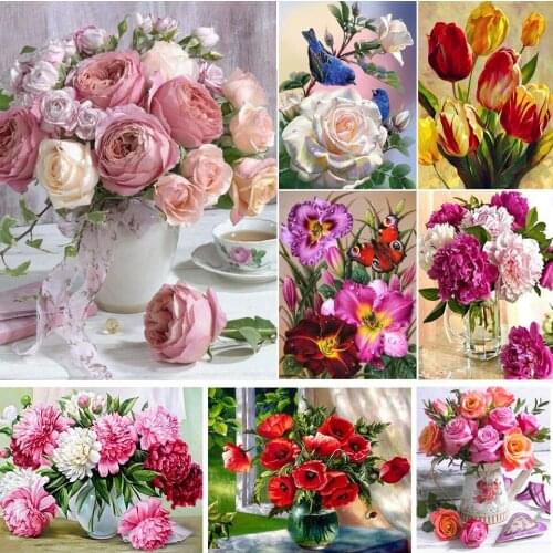 5D DIY Diamond Painting Flowers Rose in Vase Cross Stitch Kit Full Drill Embroidery Mosaic Art Picture of Rhinestones Decor Gift