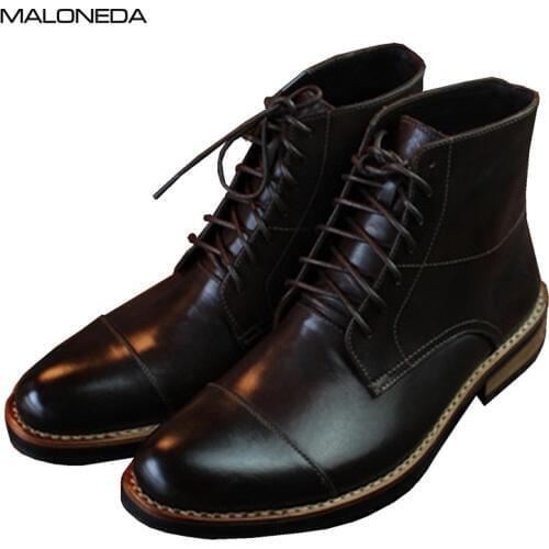 MALONEDE Handmade Full Grain Leather Goodyear Short Boots Waterproof Lace up Formal Dress Ankle Boots for Men