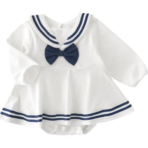2021 Infant Baby Girl Bodysuit Autumn New Sailor Collar Long Sleeve Romper Dress for Newborns Cute Bow Kids Clothes Girls 0-2Y